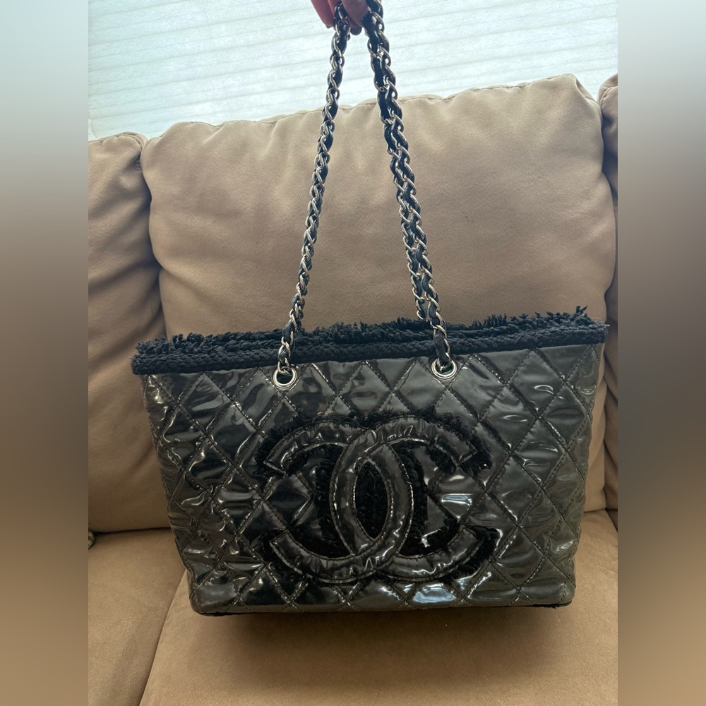 Chanel Limited Edition Black Quilted Vinyl & Tweed CC Tote Handbag Shoulder Bag